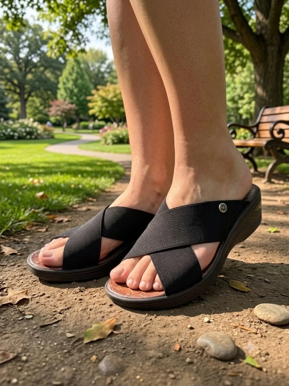 Bzees Black Crisscross Comfort Slide Sandals